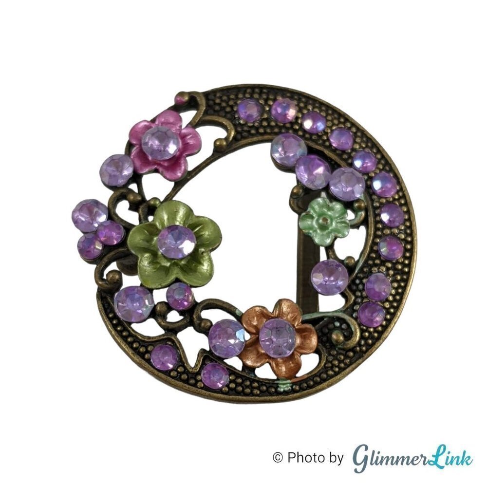 Floral Purple Rhinestone Enamel Brass Tone Belt Buckle